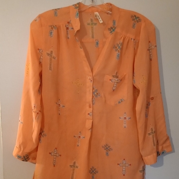 Womens Orange Button-Up Silky Blouse with Cross Pattern Size Medium - Picture 4 of 7